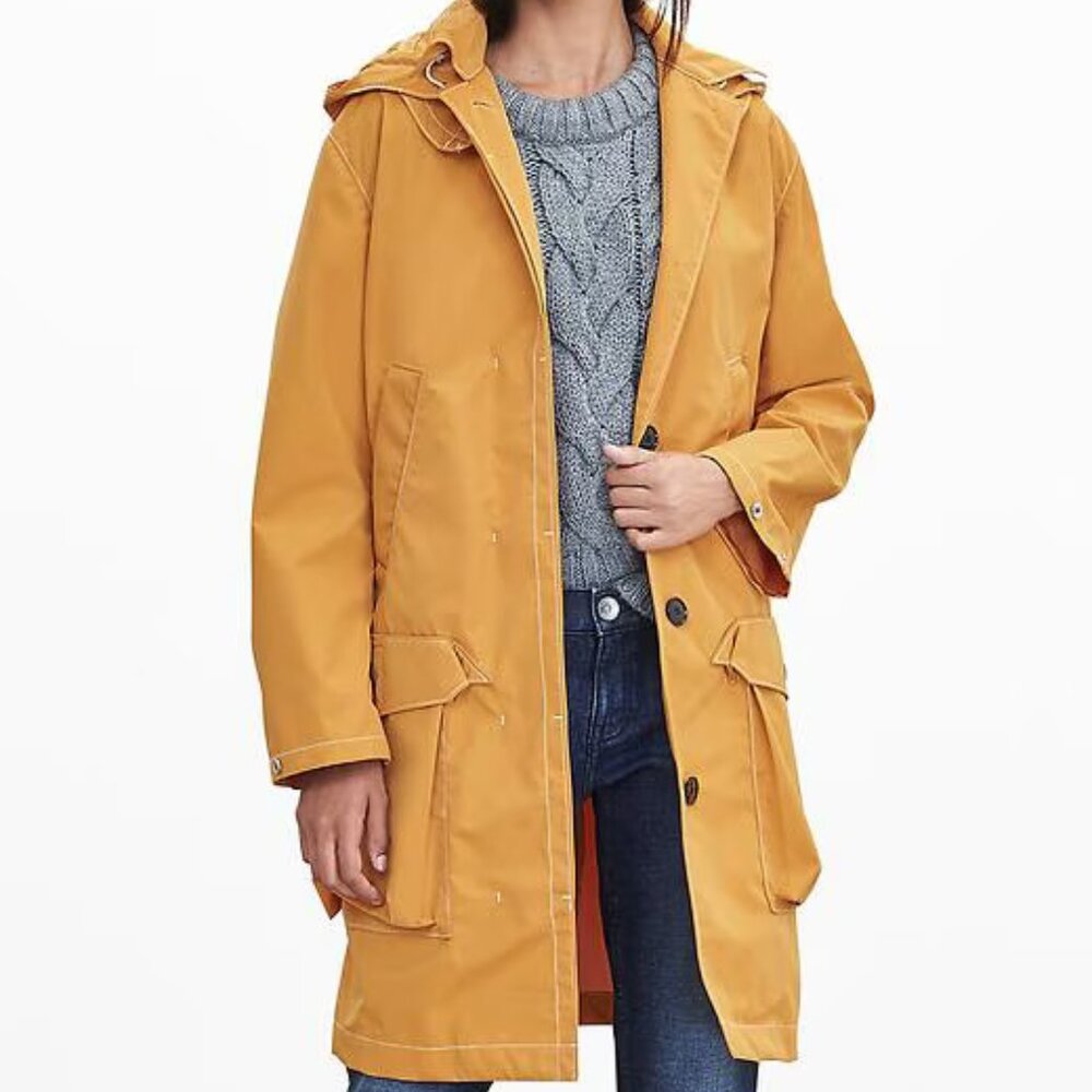Women's Banana Republic Waxed Yellow Hooded Button Up Raincoat Petite Small